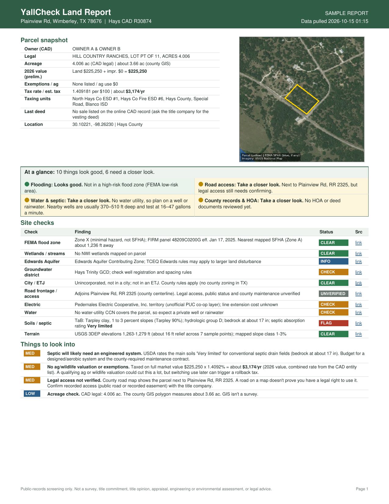 Sample report page 1: summary, map, and checklist