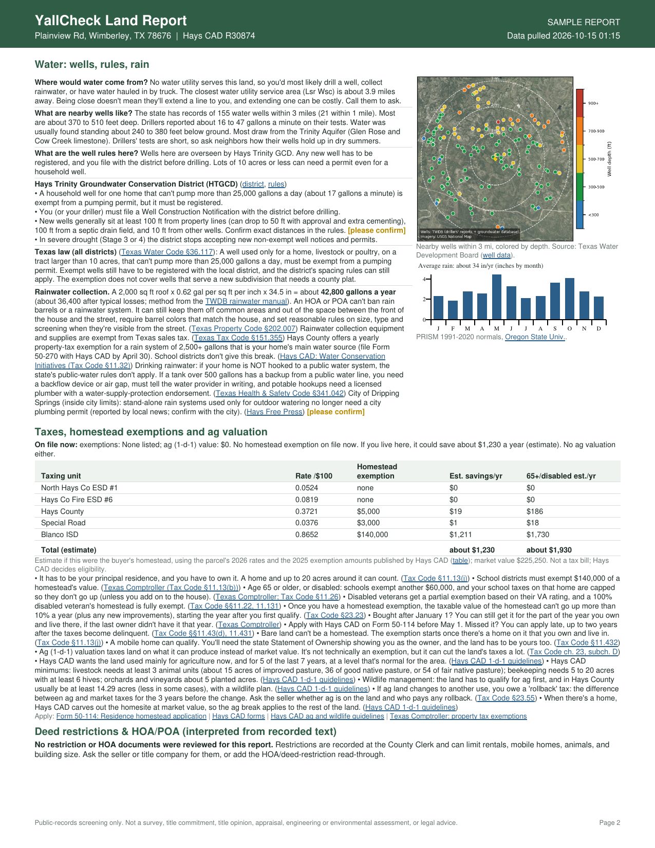 Sample report page 2: water wells map, well rules, rainfall, rainwater collection, and taxes and homestead exemptions