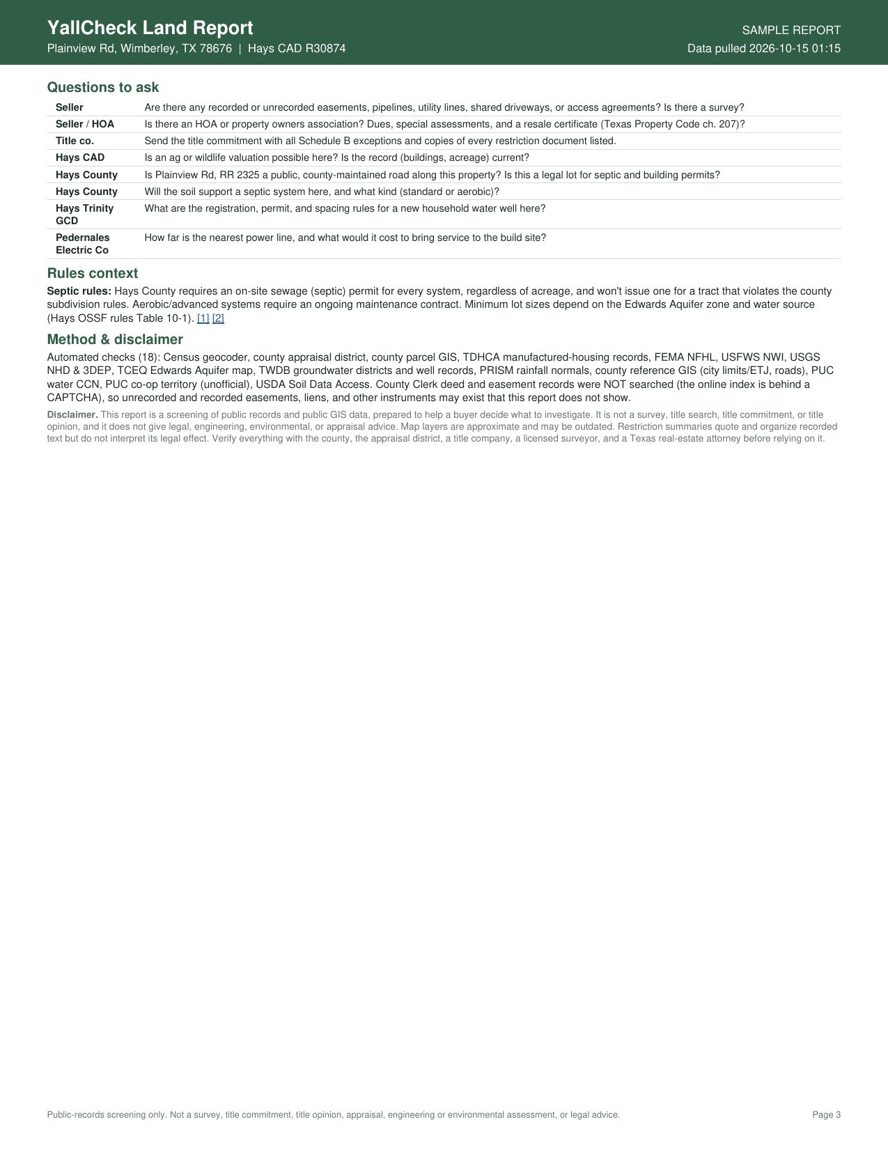 Sample report page 3: questions to ask, septic rules, method and disclaimer