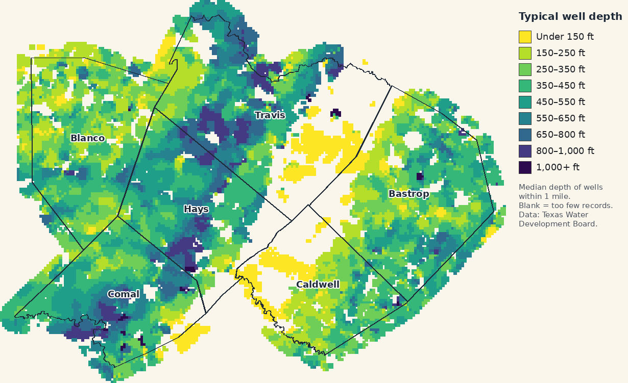 Map of typical well depths across Hays, Travis, Comal, Blanco, Caldwell and Bastrop counties. Darker colors mean deeper wells.